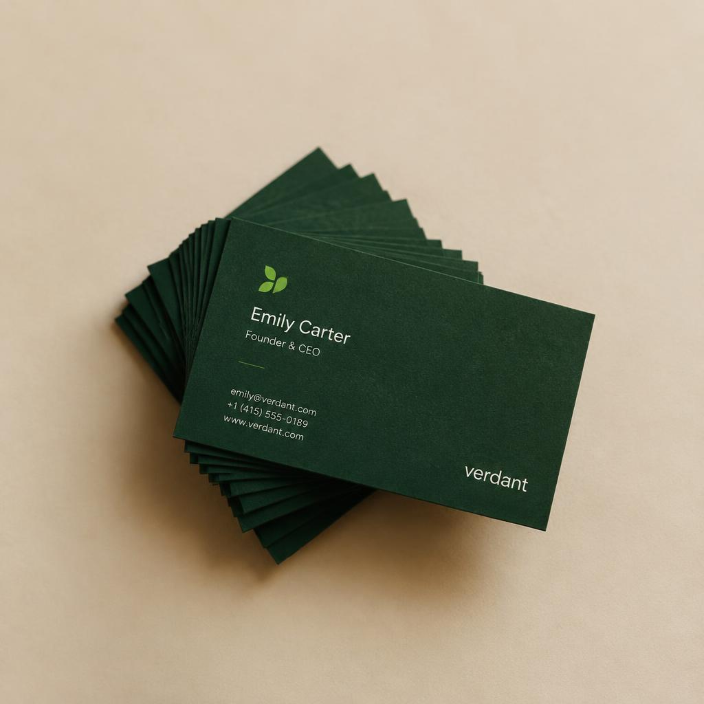 Stack of deep green business cards with a lime accent logo