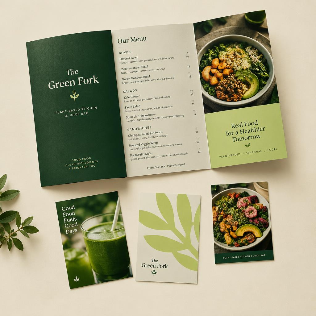 Folded restaurant menu flyer with matching postcards